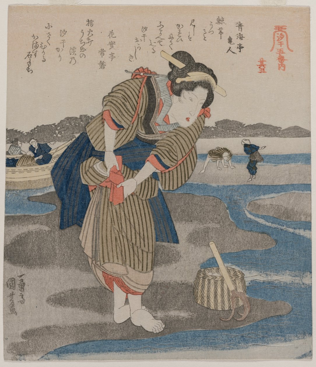 Nainen kiinnittää hameensa; sarjasta Five Pictures of Low Tide tekijältä Utagawa Kuniyoshi
