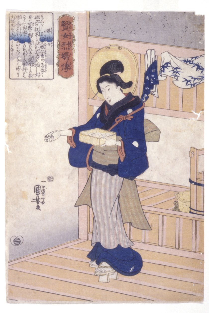Nainen siemenlaatikolla (värillinen puupainatus) tekijältä Utagawa Kuniyoshi