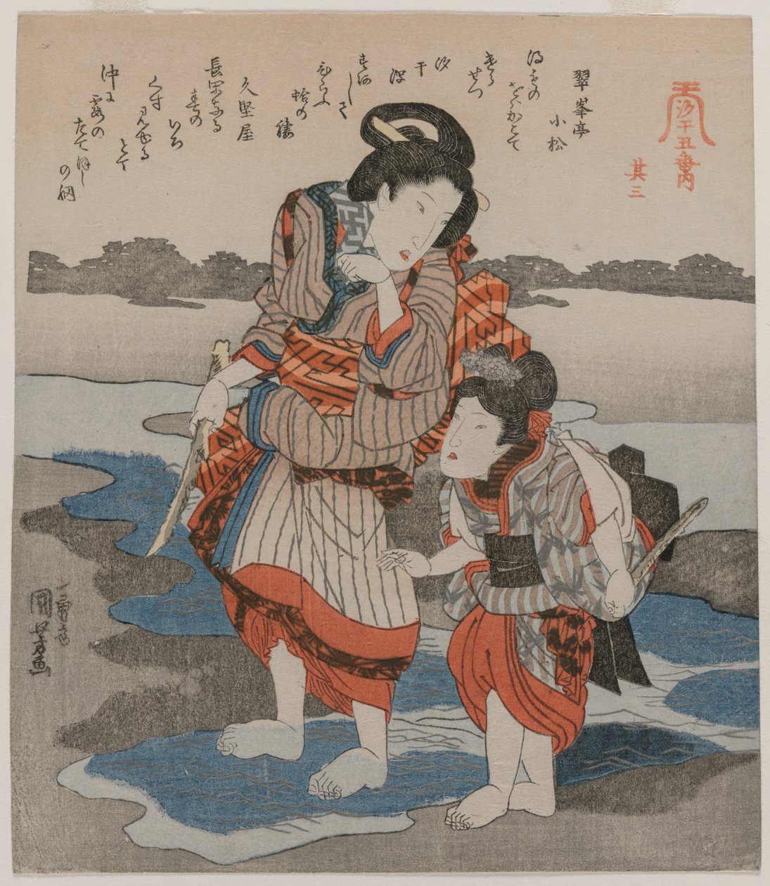 Nainen ja lapsi; sarjasta Five Pictures of Low Tide tekijältä Utagawa Kuniyoshi