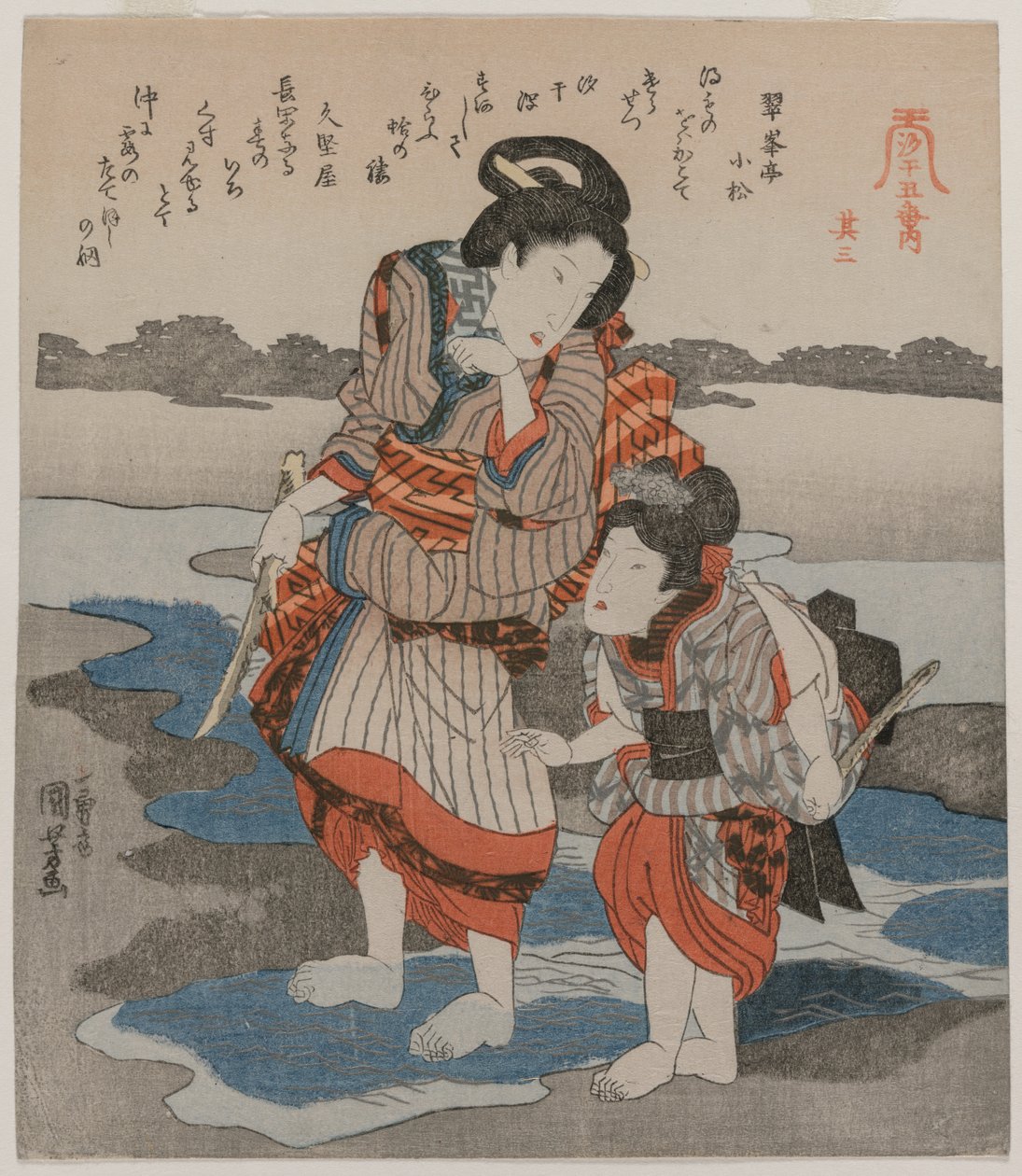 Nainen ja lapsi, sarjasta Five Pictures of Low Tide, 1820-luvun lopulla. tekijältä Utagawa Kuniyoshi