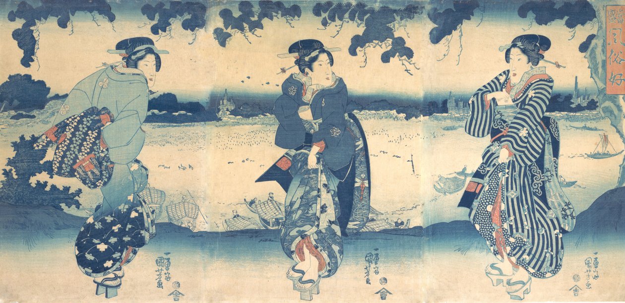 Naiset lähellä jokea, n. 1850. tekijältä Utagawa Kuniyoshi