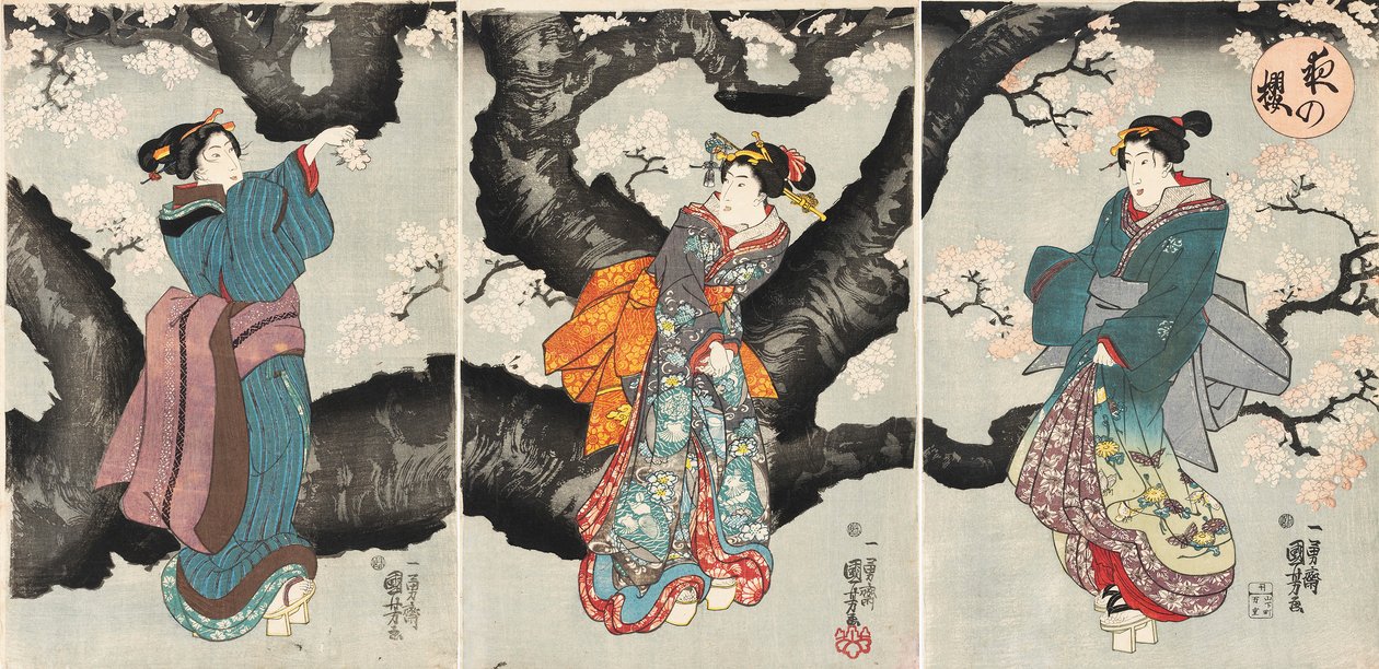 Yoru no sakura [Cherry Blossoms at Night], n. 1846 (puupainatus) tekijältä Utagawa Kuniyoshi