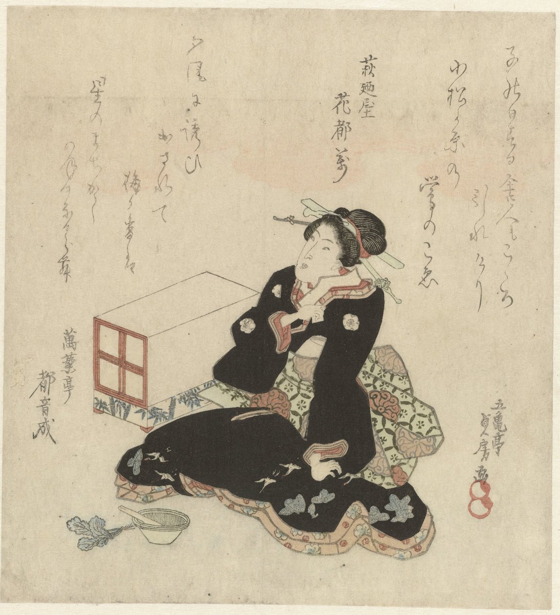 Nainen valmistelee vihreitä laastissa tekijältä Utagawa Sadafusa