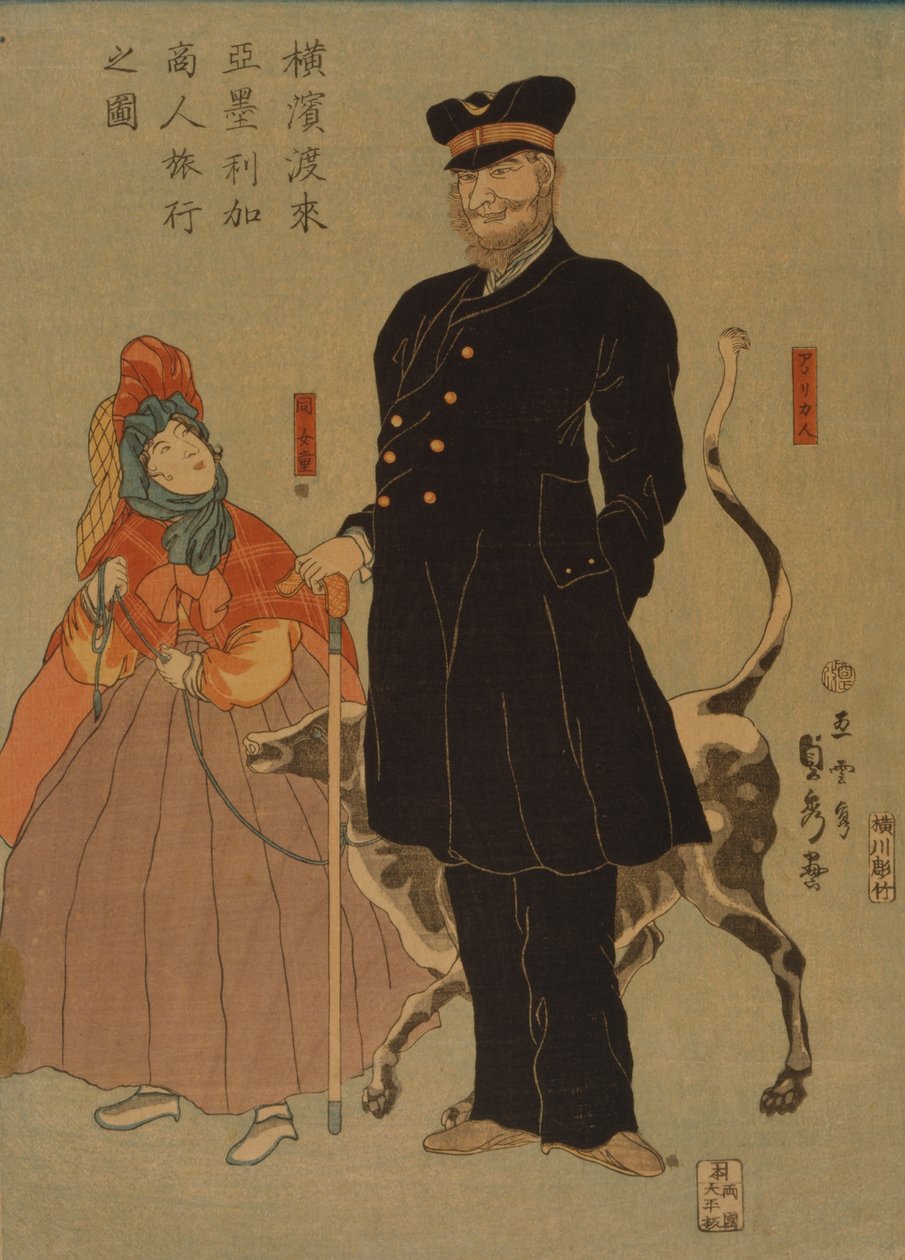 Amerikkalainen kauppias kävelyllä Yokohamassa, 1861 tekijältä Utagawa Sadahide