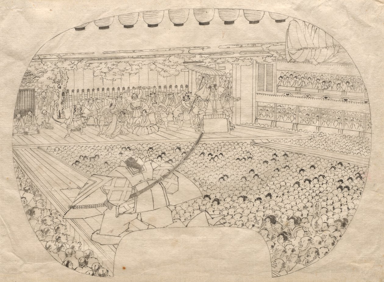 Suunnittelu Kabuki-teatterin viuhkamaiseen printtiin tekijältä Utagawa Sadahide