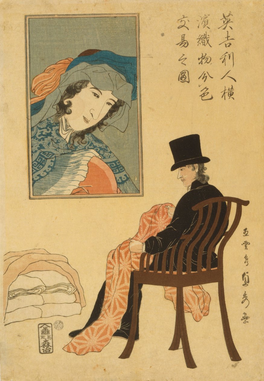 Englantilainen kauppias lajittelee kankaita kauppaa varten Yokohamassa, 1861. tekijältä Utagawa Sadahide