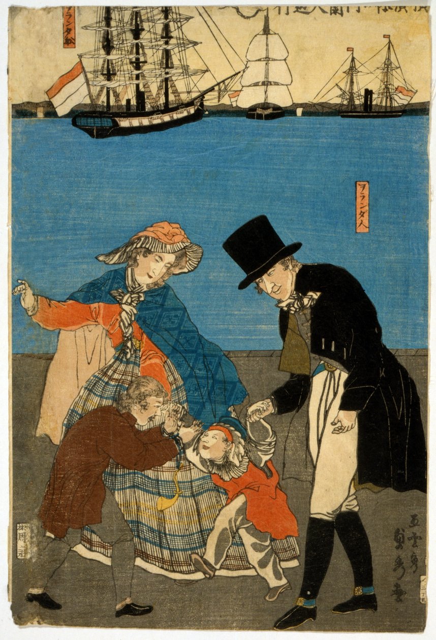 Eurooppalaisia kävelyllä Yokohamassa, pubissa. 1871 (käsin väritetty puupiirros) tekijältä Utagawa Sadahide