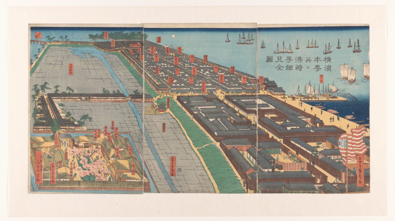 Yleiskatsaus Honchon alueeseen ja Miyozaki-kortteliin Yokohamassa tekijältä Utagawa Sadahide