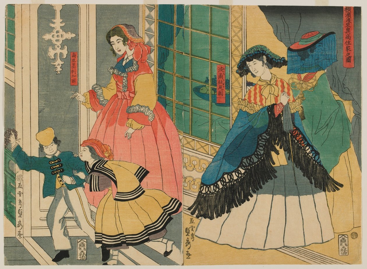 Kuva ulkomaisten kauppiaiden asunnosta: Portugali ja Etelä-Amerikka, Edo-kausi, 1861 (värillinen puupainatus) tekijältä Utagawa Sadahide