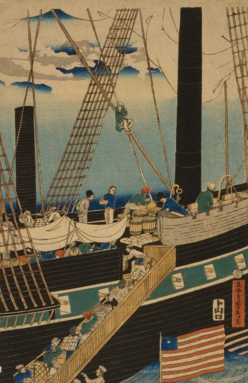 Länsikauppiaat lastaamassa rahtia Yokohamassa, 1861 tekijältä Utagawa Sadahide