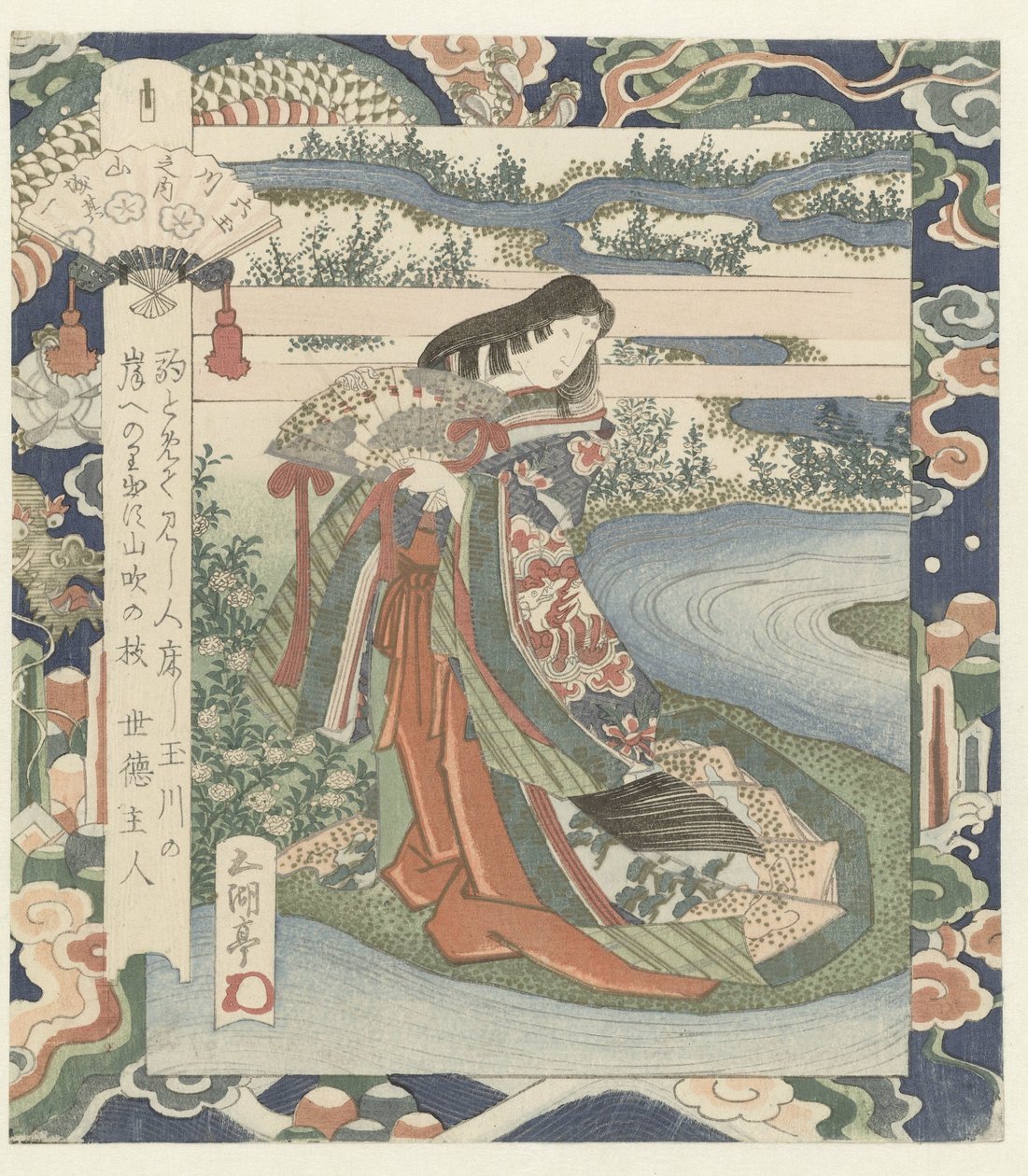 Nainen odottamassa joen rannalla Ide-joki Yamashirossa, numero yksi Yamashiro - sono ichi (otsikko esineessä) The Six Jewel Rivers (sarjan nimi) Mutamagawa no uchi (sarjan nimi esineessä) tekijältä Utagawa Sadakage