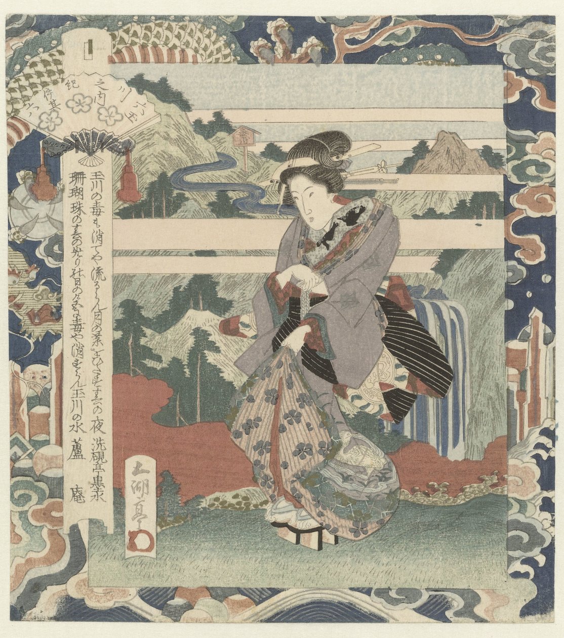 Nainen kalliolla Kôya-joki Kiissä, numero kuusi Kii - sono roku (otsikko esineessä) The Six Jewel Rivers (sarjan nimi) Mutamagawa no uchi (sarjan nimi esineessä) tekijältä Utagawa Sadakage