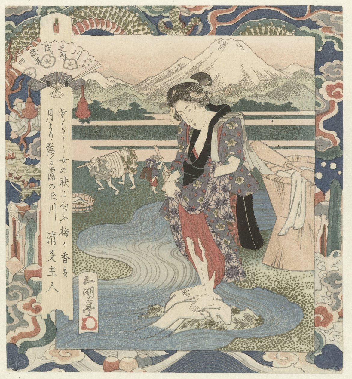 Nainen pesee vaatteita joessa Chôbû-joki Musashissa, numero neljä Musashi - sono yon (otsikko esineessä) The Six Jewel Rivers (sarjan nimi) Mutamagawa no uchi (sarjan nimi esineessä) tekijältä Utagawa Sadakage