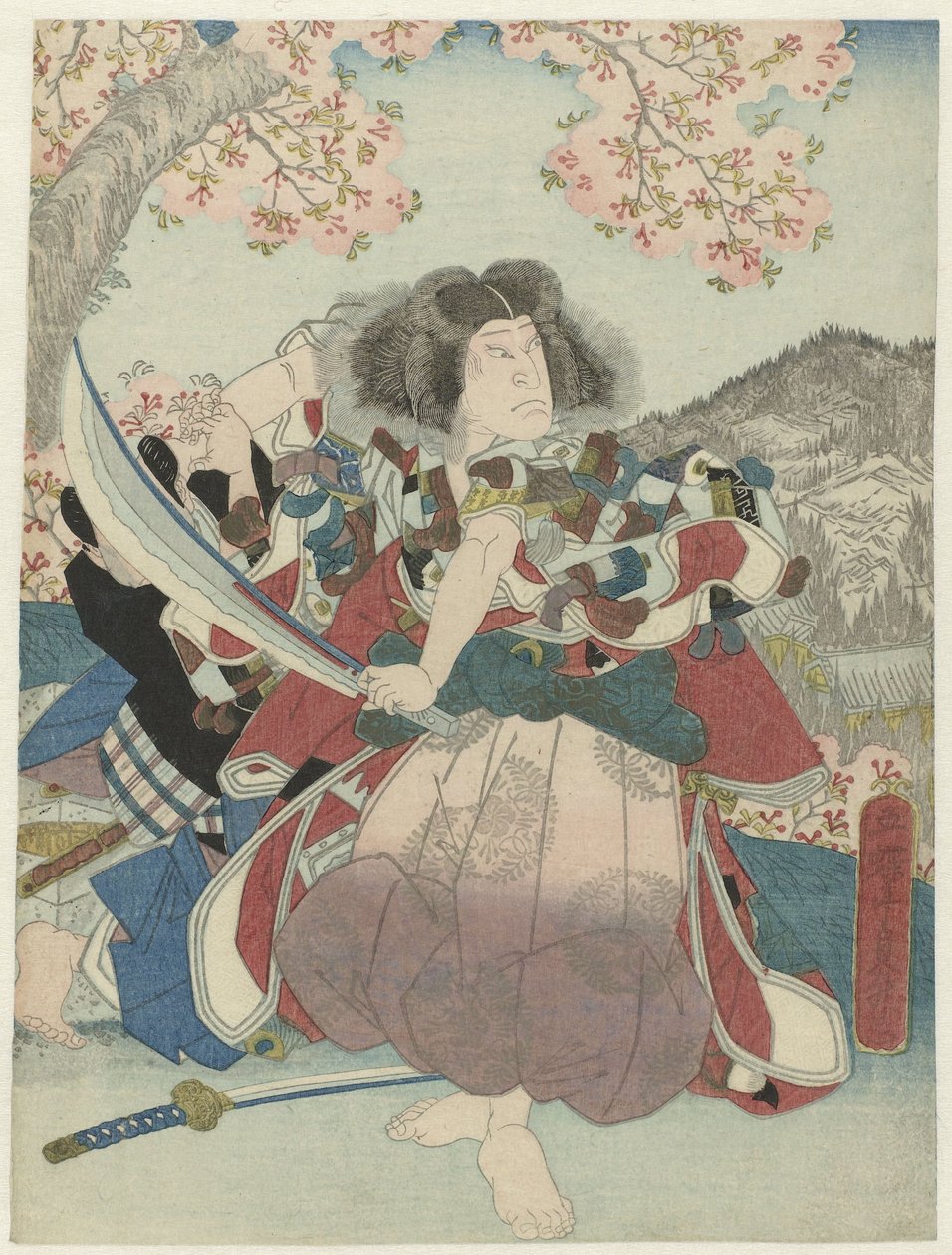 Nakamura Utaemon IV Oniwakamaruna elokuvassa het toneelstuk "Kiichi hôgen sanryaku no maki", Naka Theater tekijältä Utagawa Sadamasu