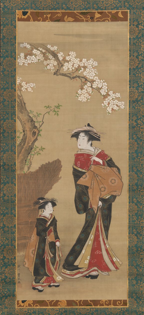 Kurtisaani ja hänen avustajansa kirsikkapuun alla, 1800-luvun alku. tekijältä Utagawa Toyoharu