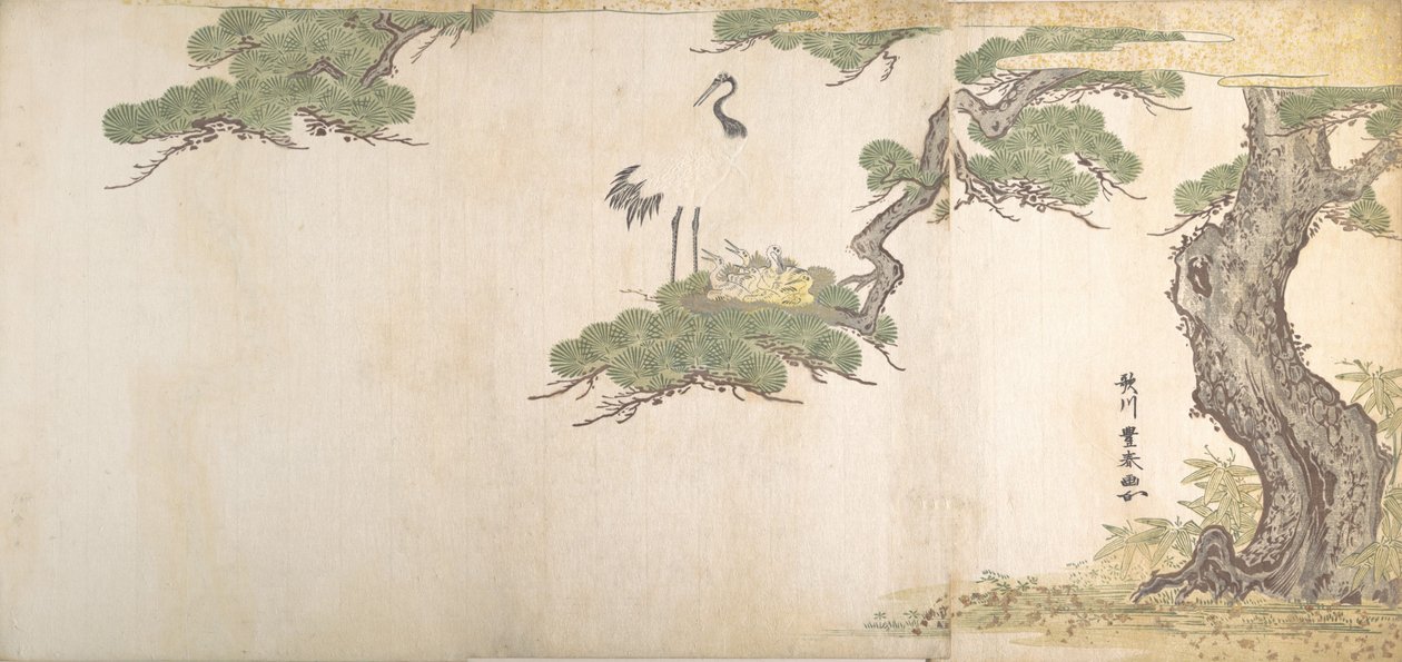 Kurki ja heidän poikansa pesässään männyn oksissa, n. 1790. tekijältä Utagawa Toyoharu