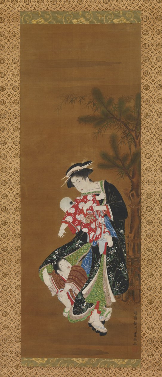 Äiti ja lapset uutena vuotena (muste ja väri silkillä) tekijältä Utagawa Toyoharu