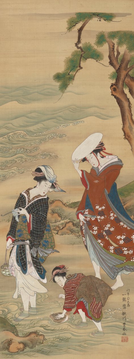 Kaksi naista ja tyttö meren rannalla tekijältä Utagawa Toyoharu