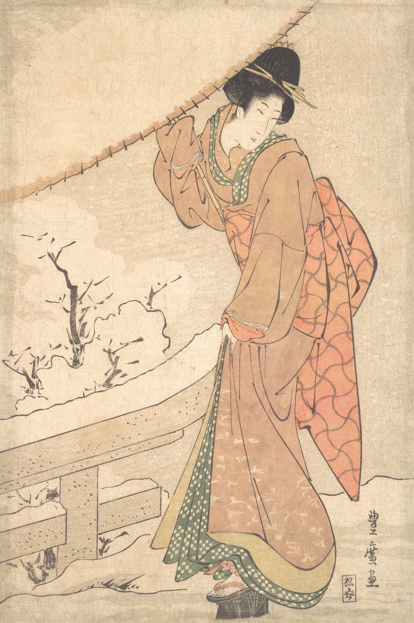 Nuori nainen lumimyrskyssä, kantoi raskaasti lumista sateenvarjoa, n. 1802.. tekijältä Utagawa Toyohiro