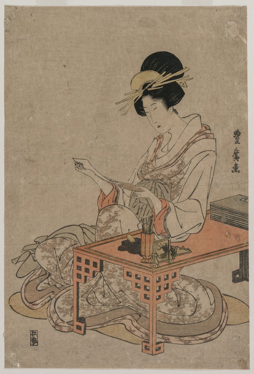 Courtesaani istuu kirjoituspöydän ääressä, n. 1790-luvun lopulla. tekijältä Utagawa Toyohiro