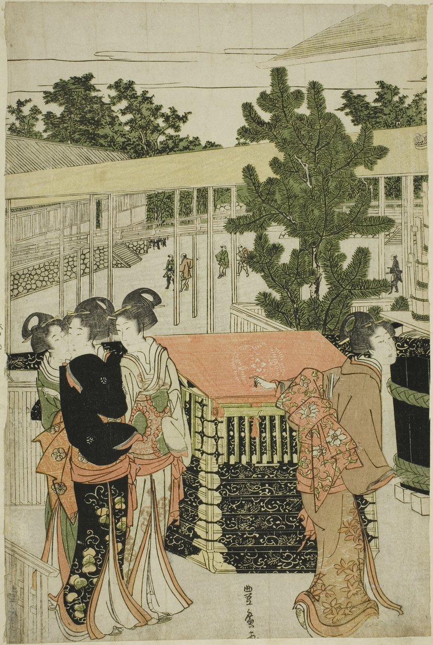 Uudenvuoden pyhiinvaellus Myohoji-temppeliin Horinouchissa (Horinouchi Myohoji eho mairi no zu) tekijältä Utagawa Toyohiro