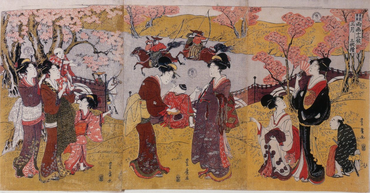 Kolmas kuukausi, Triptyykki kahden taiteilijan sarjasta Twelve Months, 1801 tekijältä Utagawa Toyohiro