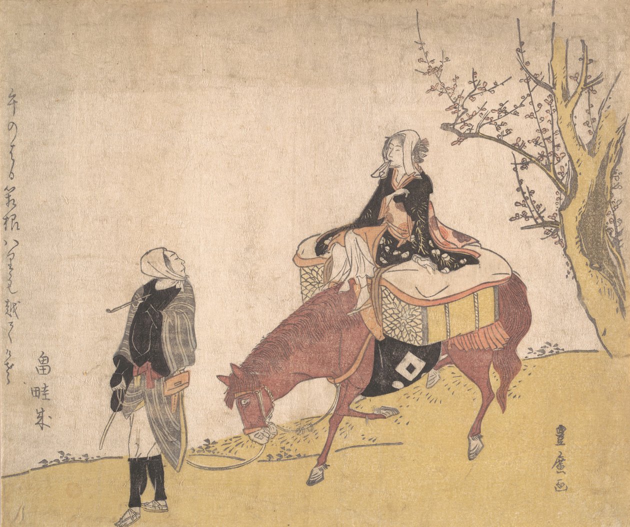 Versio Legend of Michizanesta: nainen ratsastaa, jota mies johtaa. tekijältä Utagawa Toyohiro