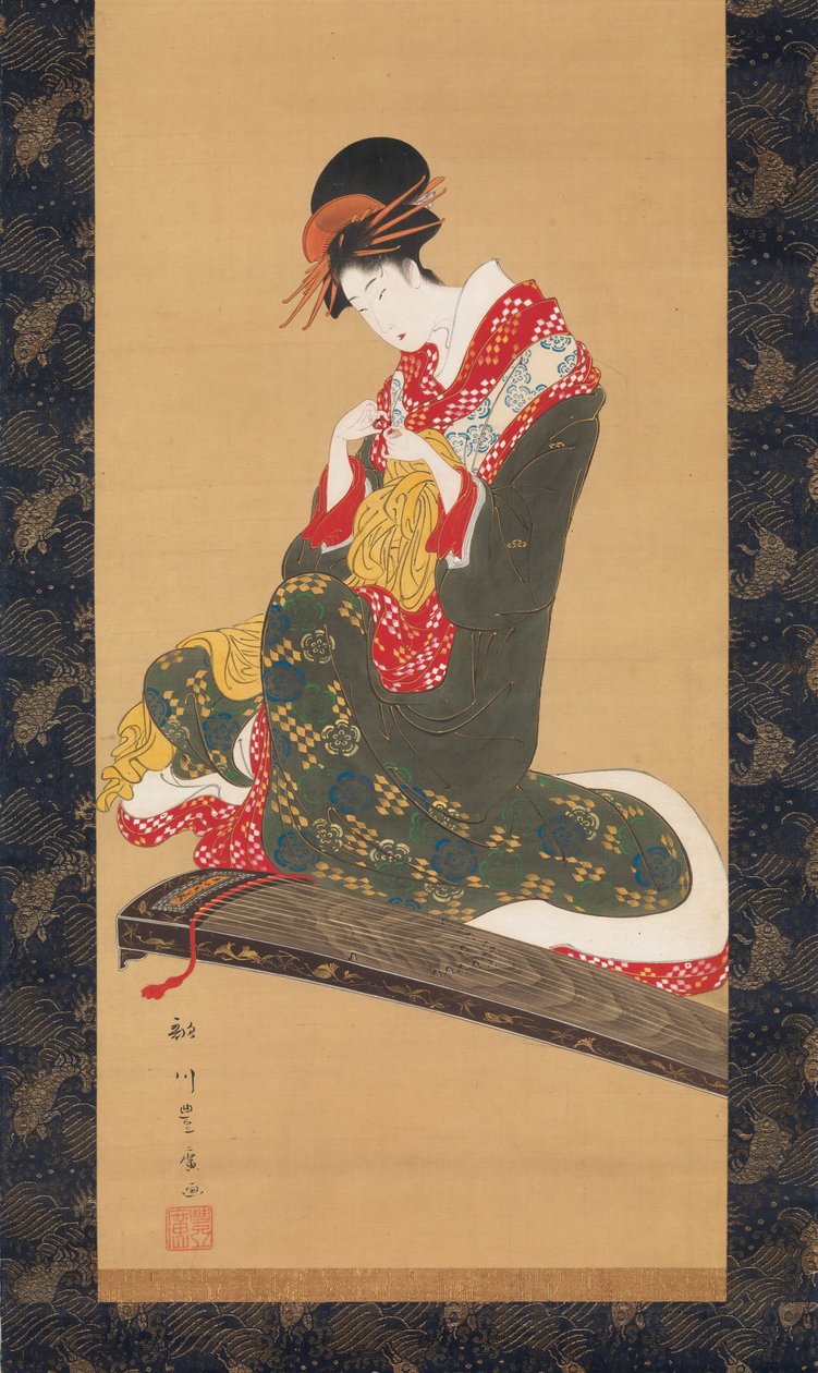 Nainen laittelee sormiplektrumeja pelatakseen Kotoa, 1800-luvun alku. tekijältä Utagawa Toyohiro