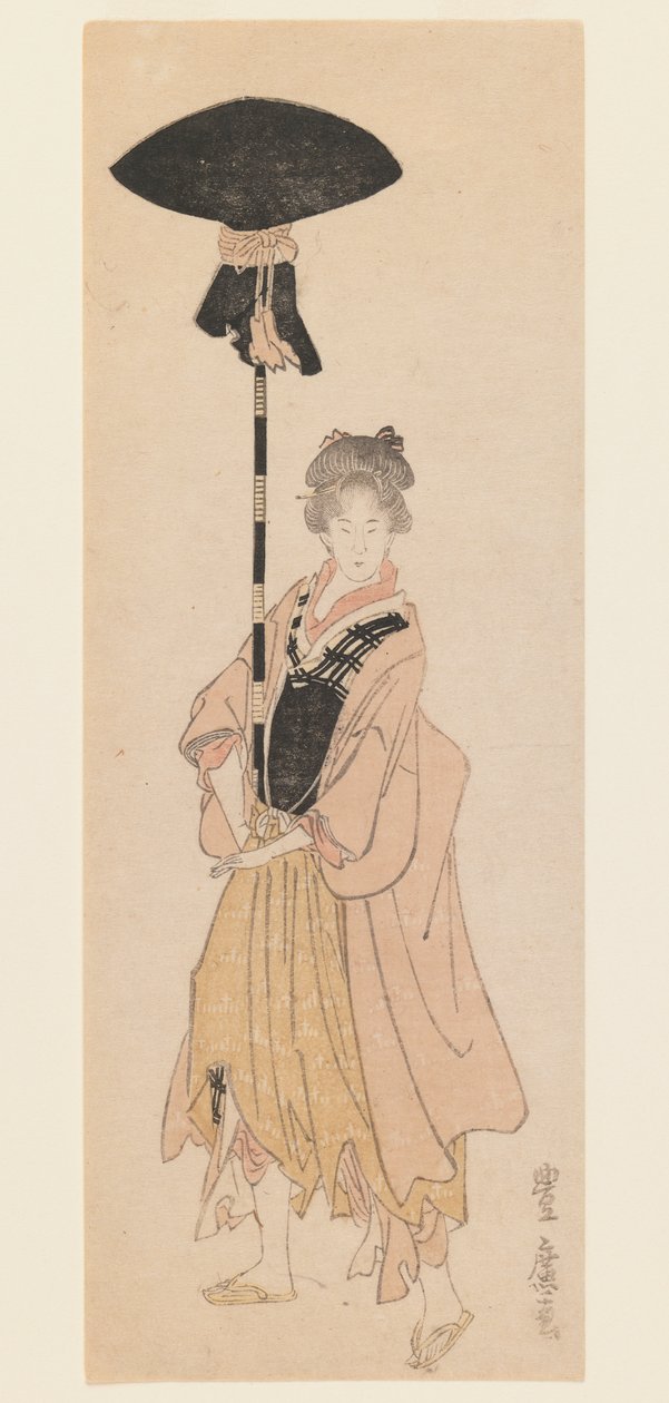 Nuori nainen kantaa koristeltua sauvaa kulkueessa, n. 1805-1806 (puupalikkaprintti, kapea koban tate-e surimono -tyylinen painatus) tekijältä Utagawa Toyohiro