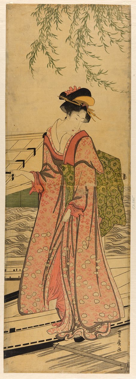 Nuori nainen astumassa ulos veneestä tekijältä Utagawa Toyohiro