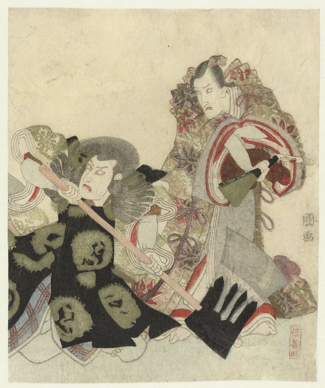 Ichikawa Danjûrô VII Yoshimune no Munesadana tuulettimen kanssa ja Ichikawa Omezô Sekibein roolissa kirveen kanssa tekijältä Utagawa Toyokuni (I)