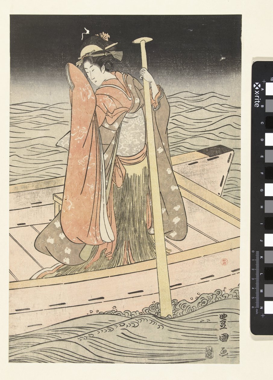 Nuori nainen veneessä tekijältä Utagawa Toyokuni (I)