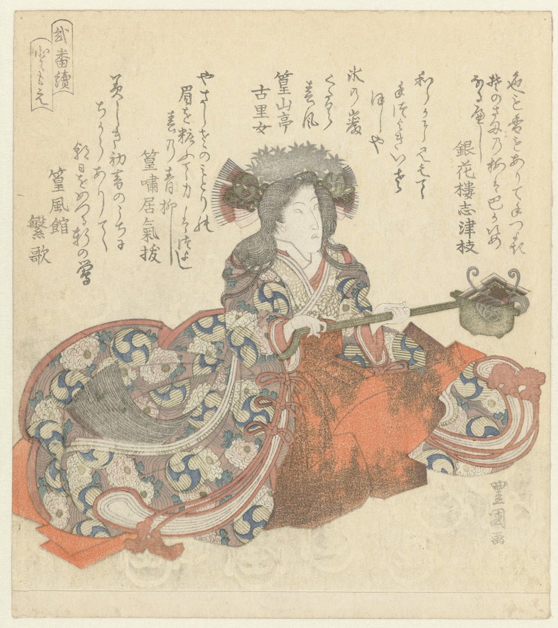 Tomoe Gozen Tomoe (otsikko esineessä) Een diptiek (sarjan nimi) Nibantsuzuki (sarjan nimi esineellä) tekijältä Utagawa Toyokuni (I)