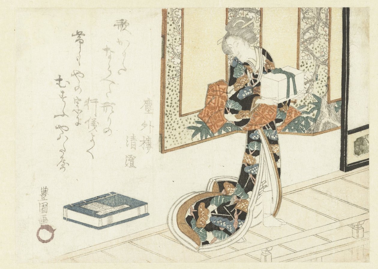 Nainen kantaa puista laatikkoa tekijältä Utagawa Toyokuni (I)