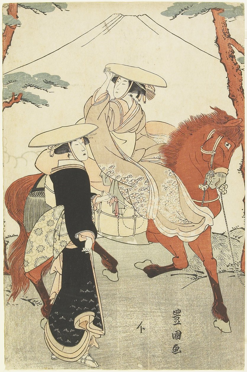 (Kaksi naista, yksi kävely, yksi hevosen selässä), 1700-luvun loppu - 1800-luvun alku tekijältä Utagawa Toyokuni