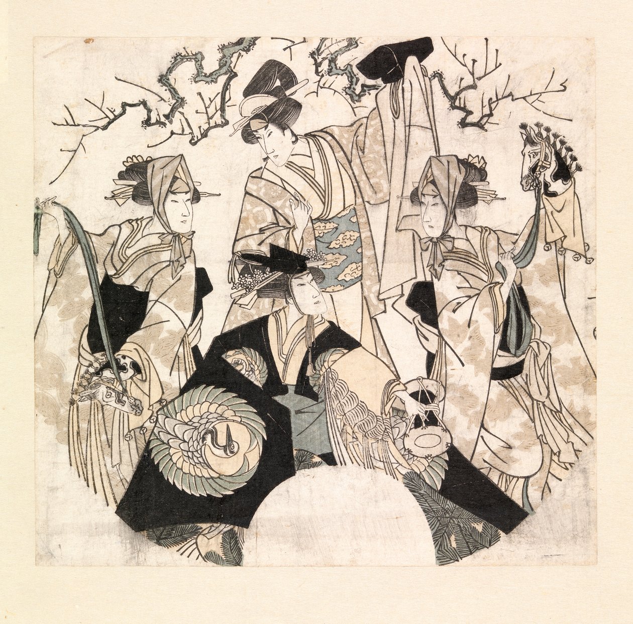 Näyttelijät esittävät neljän Onnagatan lavatanssia, n. 1800-05 (värillinen puupiirros) tekijältä Utagawa Toyokuni