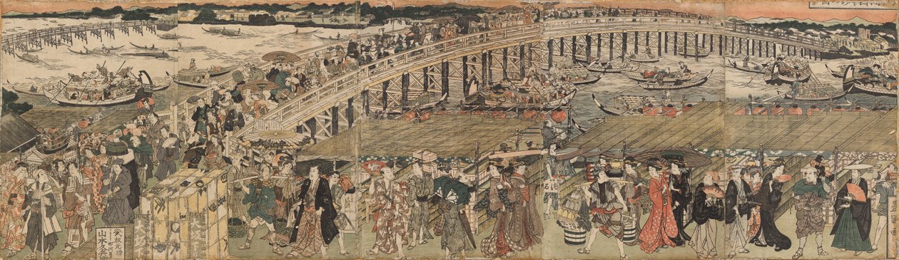 Viilentymässä Ryōgoku-sillalla Edossa, pentaptyykki tekijältä Utagawa Toyokuni