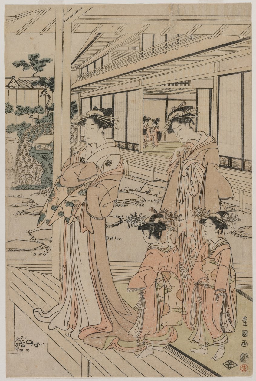 Kurtisaani seisoo verannalla tekijältä Utagawa Toyokuni
