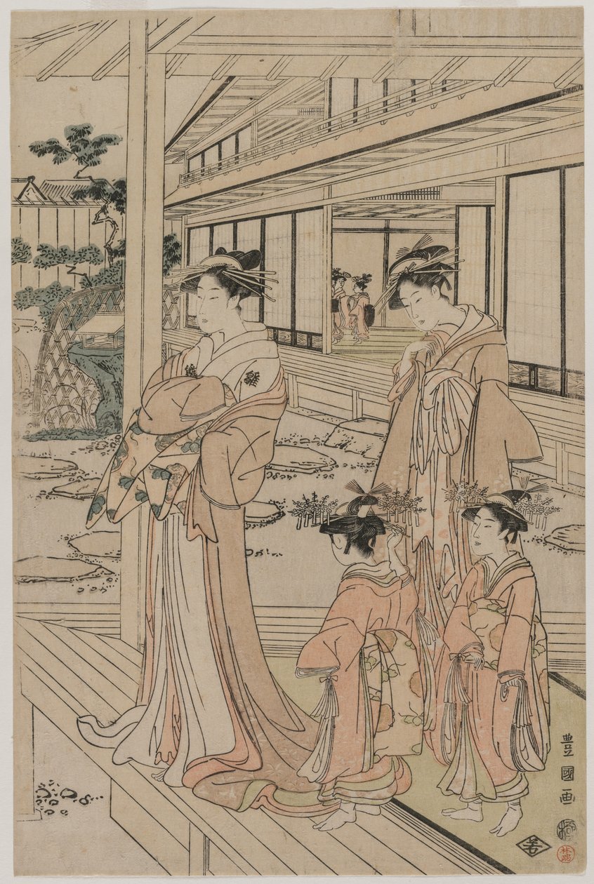 Kurtisaani seisoo verannalla, 1790-luvun alku. tekijältä Utagawa Toyokuni