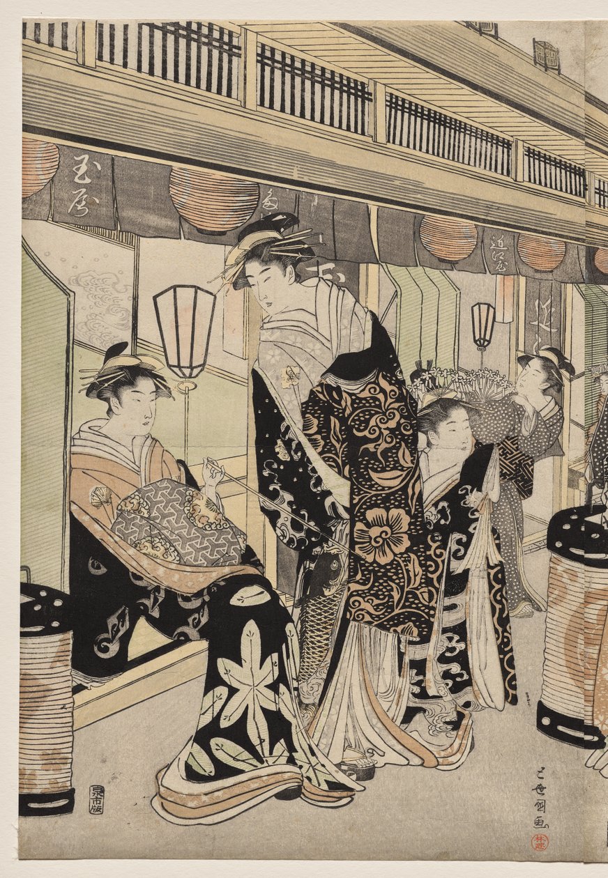 Kurtisaanit kävelyllä Nakanochōlla tekijältä Utagawa Toyokuni