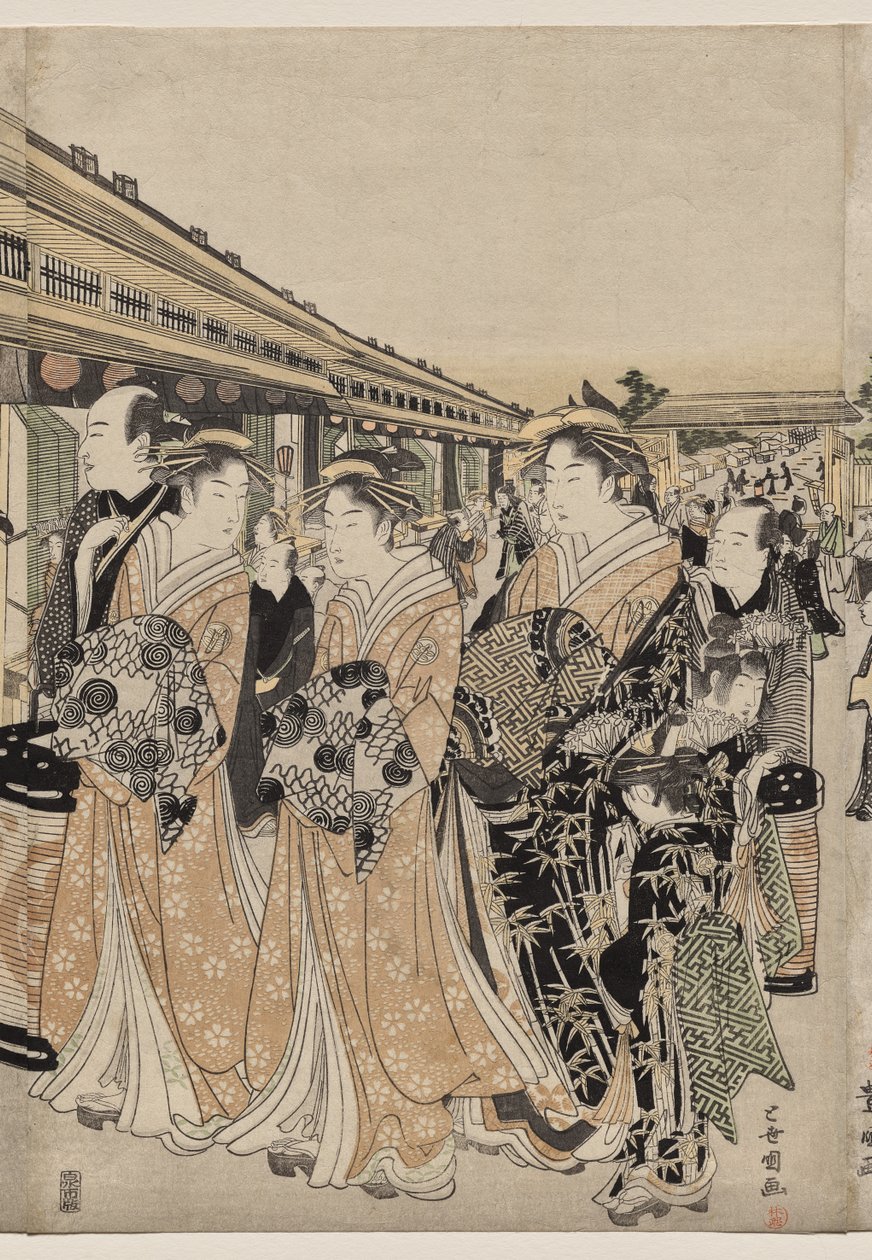 Kurtisaanit kävelyllä Nakanochōlla tekijältä Utagawa Toyokuni