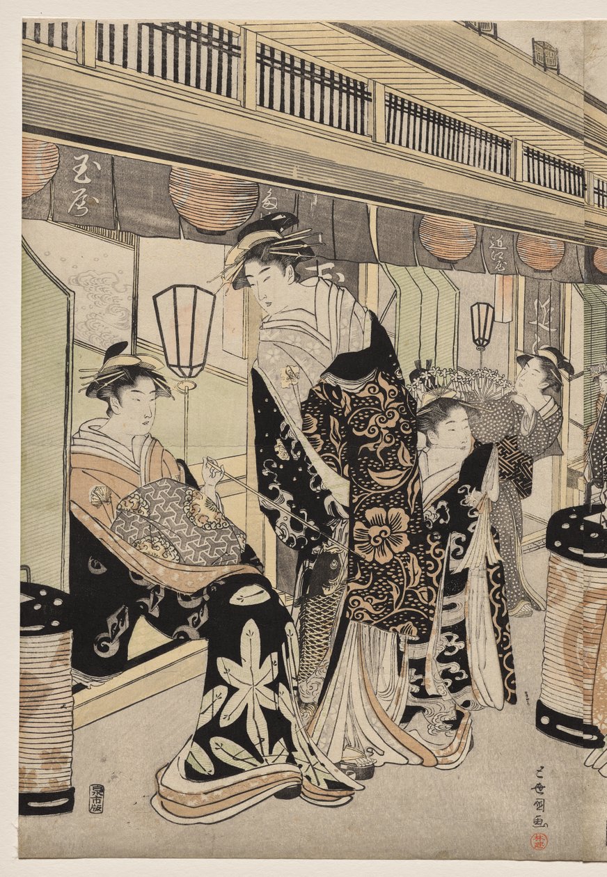Kurtisaanit kävelyllä Nakanochōlla tekijältä Utagawa Toyokuni