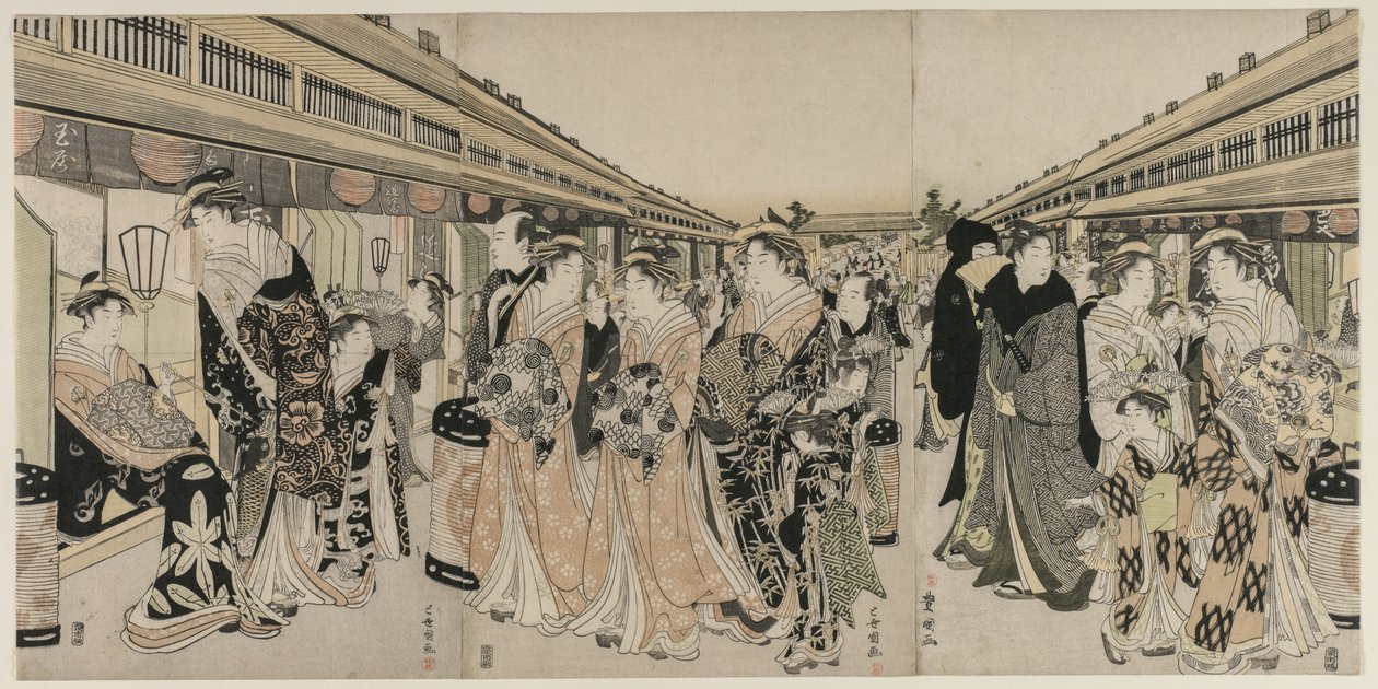 Kurtisaanit kävelyllä Nakanochōlla tekijältä Utagawa Toyokuni