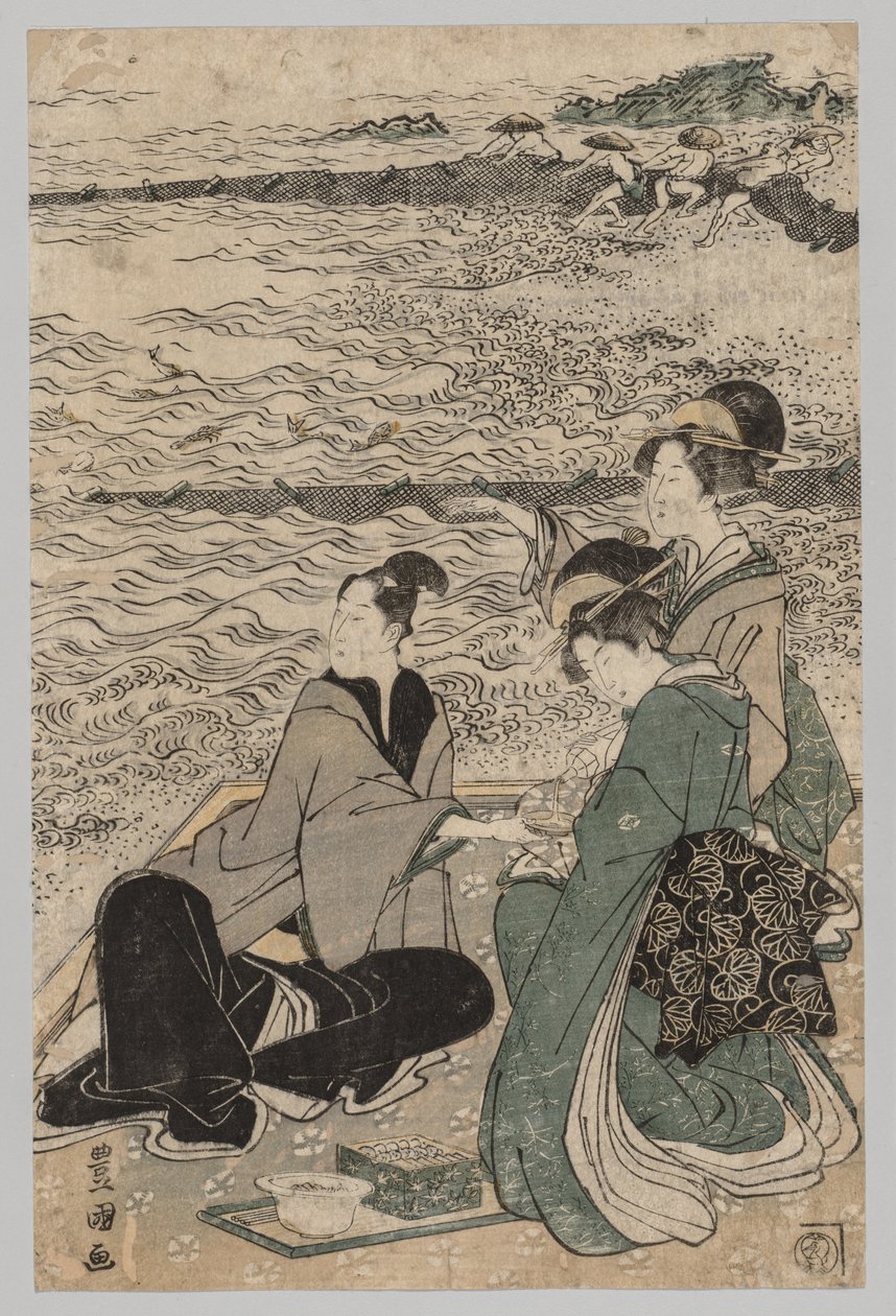 Mies ja kaksi naista meren rannalla tekijältä Utagawa Toyokuni