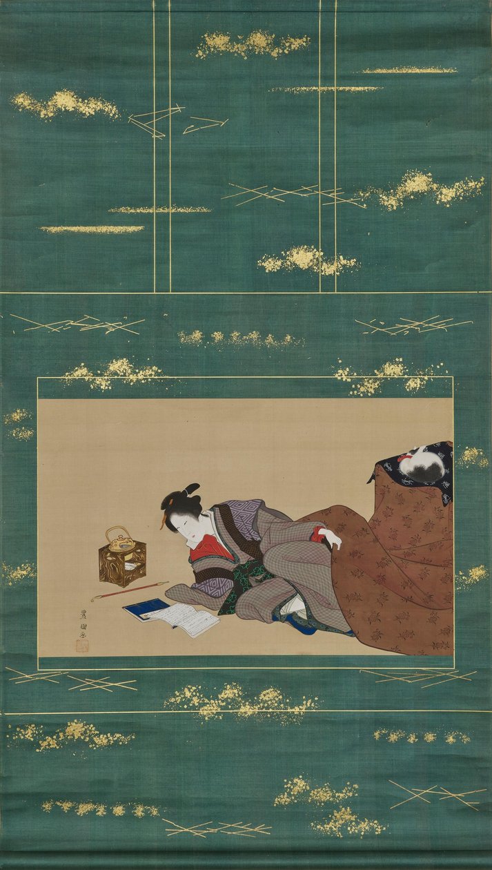 Nainen lämmittelee "kotatsun" ääressä tekijältä Utagawa Toyokuni