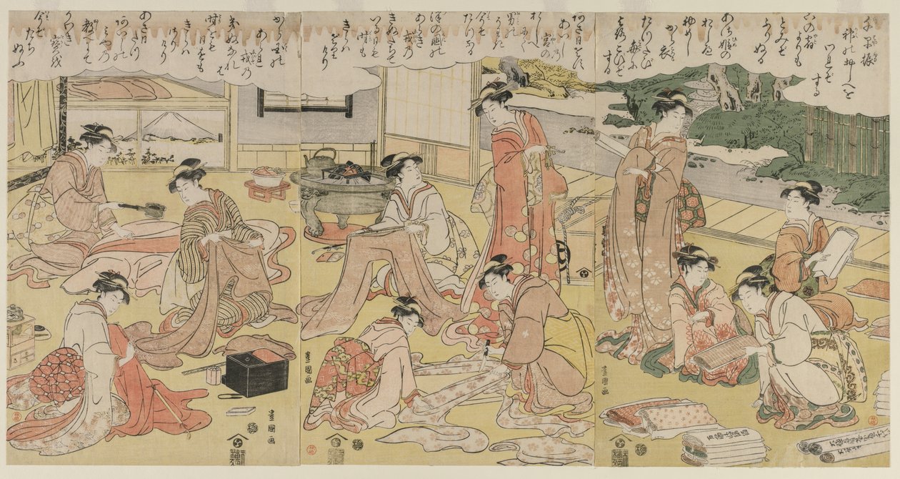 Naiset valmistavat vaatteita tekijältä Utagawa Toyokuni