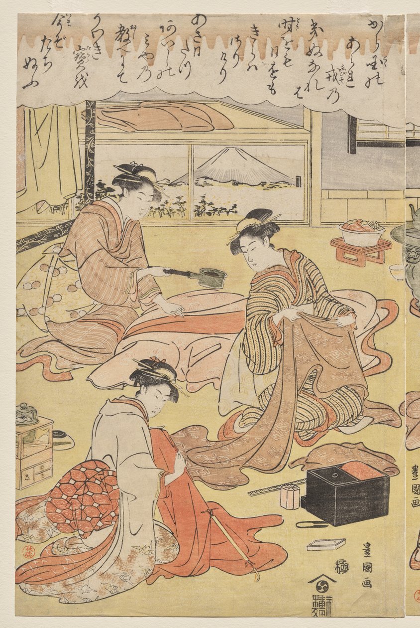 Naiset valmistavat vaatteita tekijältä Utagawa Toyokuni