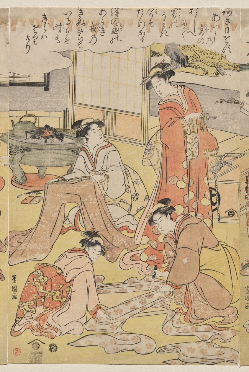 Naiset valmistavat vaatteita tekijältä Utagawa Toyokuni