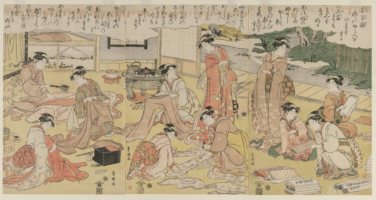 Naiset valmistavat vaatteita, 1790-luvun alku. tekijältä Utagawa Toyokuni