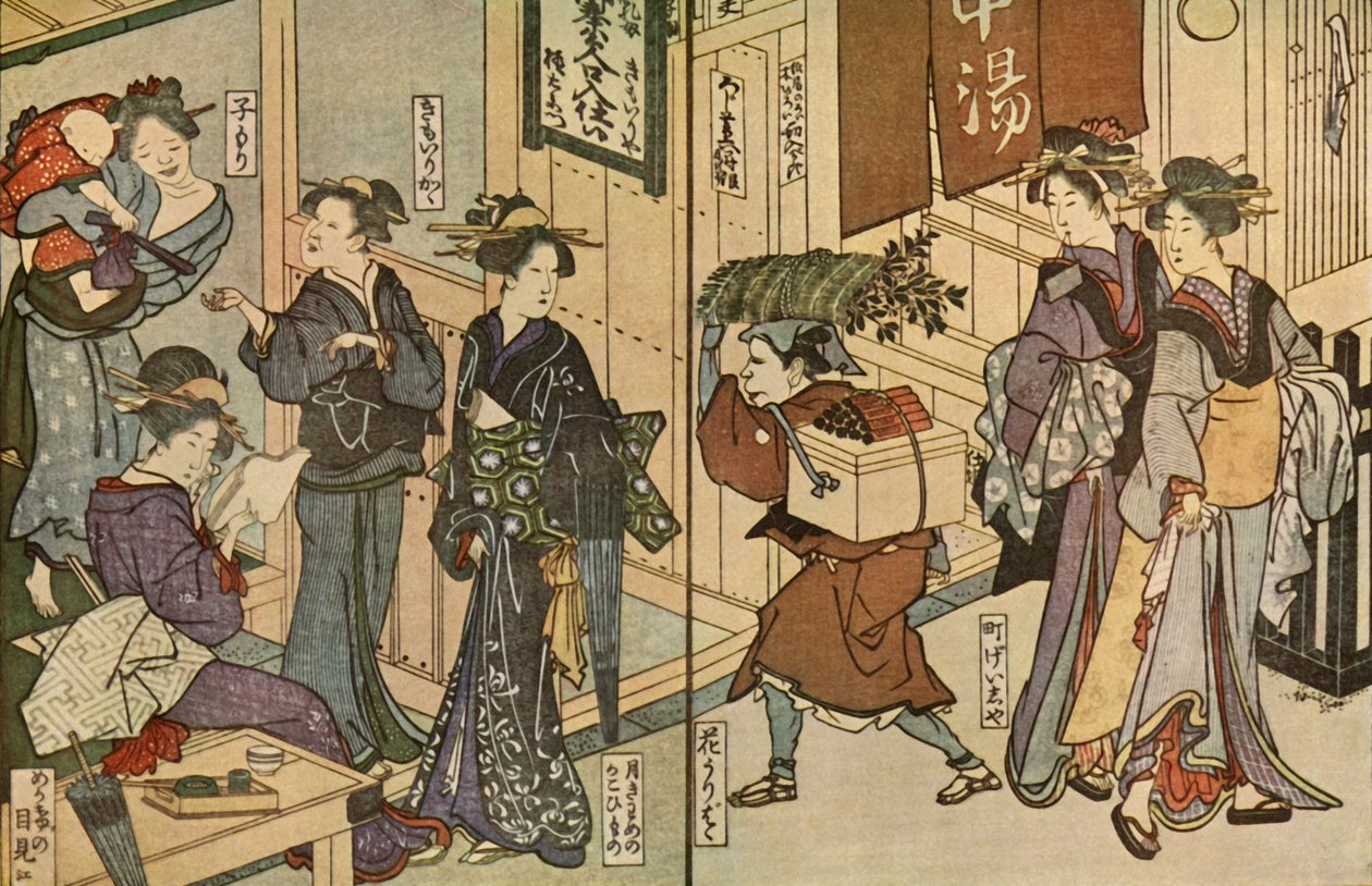 Naiset ja miespalvelija, 1802, 1924. tekijältä Utagawa Toyokuni